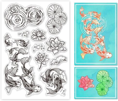 Lotus and Koi Fish Clear Stamps for Cards Making Pond Scenery Clear Stamp Seals Transparent Stamps for DIY Scrapbooking Photo Album Journal Home Decoration in Saudi Arabia