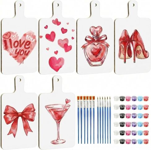 Eaasty 6 Set Galentine Night Wood Cutting Board with Handle Paint Unfinished Wooden Boards Paints Kit with Paint Pen Heart Charcuterie Board for Valentine's Day Girls Adults Couple Party Activities in Saudi Arabia