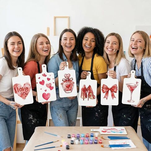 Eaasty 6 Set Galentine Night Wood Cutting Board with Handle Paint Unfinished Wooden Boards Paints Kit with Paint Pen Heart Charcuterie Board for Valentine's Day Girls Adults Couple Party Activities in Saudi Arabia