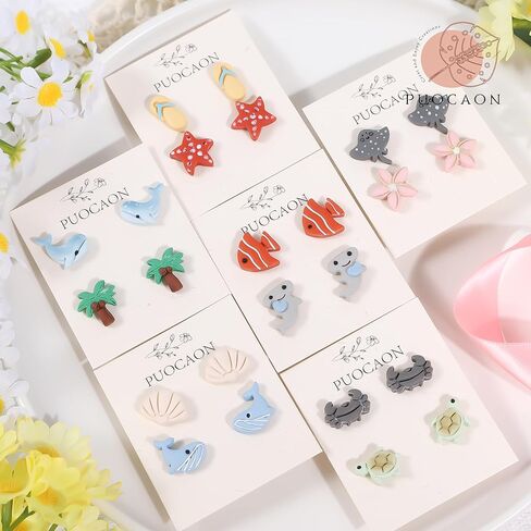 Puocaon Ocean Polymer Clay Cutters - 17 قطعة من قواطع طين حيوانات البحر لأقراط المجوهرات، صدفة السلحفاة وسمك القرش الحوت وسرطان البحر ونجم البحر وشجرة نخيل جوز الهند in Saudi Arabia