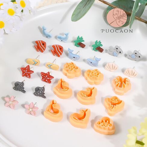 Puocaon Ocean Polymer Clay Cutters - 17 قطعة من قواطع طين حيوانات البحر لأقراط المجوهرات، صدفة السلحفاة وسمك القرش الحوت وسرطان البحر ونجم البحر وشجرة نخيل جوز الهند in Saudi Arabia
