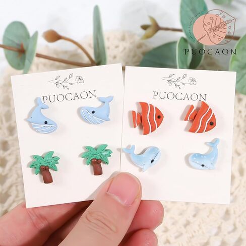 Puocaon Ocean Polymer Clay Cutters - 17 قطعة من قواطع طين حيوانات البحر لأقراط المجوهرات، صدفة السلحفاة وسمك القرش الحوت وسرطان البحر ونجم البحر وشجرة نخيل جوز الهند in Saudi Arabia