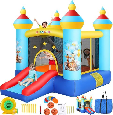 AKEYDIY Inflatable Bounce House,Kids Bouncy Castle for 2~10, 8.9 ft L x 5.9 ft W x 6.9 ft H Indoor/Outdoor Bouncy House with 470W Blower,Pastel Bouncer Slide with Safety Net,Basketball Rim&Fun Toys in Saudi Arabia