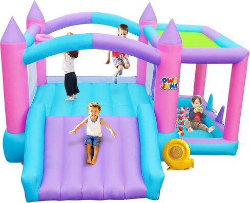 Inflatable Bounce House with Slide, 7 in 1 Jumping Castle with Blower, 143 x 148 x 78 Inch Large Bouncer, Sunshade Cover, Basketball, Ball Pit, Dart Game, 4 Players in Saudi Arabia