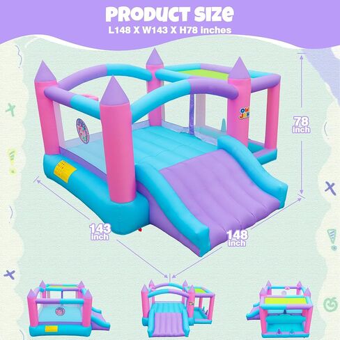 Inflatable Bounce House with Slide, 7 in 1 Jumping Castle with Blower, 143 x 148 x 78 Inch Large Bouncer, Sunshade Cover, Basketball, Ball Pit, Dart Game, 4 Players in Saudi Arabia