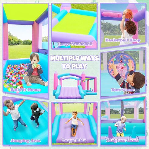 Inflatable Bounce House with Slide, 7 in 1 Jumping Castle with Blower, 143 x 148 x 78 Inch Large Bouncer, Sunshade Cover, Basketball, Ball Pit, Dart Game, 4 Players in Saudi Arabia