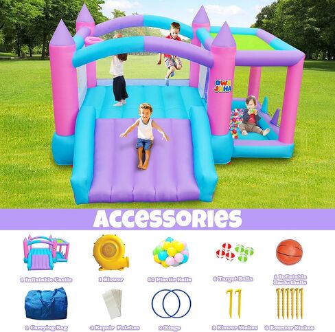 Inflatable Bounce House with Slide, 7 in 1 Jumping Castle with Blower, 143 x 148 x 78 Inch Large Bouncer, Sunshade Cover, Basketball, Ball Pit, Dart Game, 4 Players in Saudi Arabia