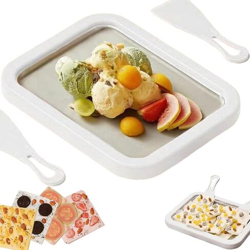 Rolled Ice Cream Maker Kit for Home, Stainless Steel Instant Freeze Plate with 2 Scrapers & Tray, DIY Ice Cream Roll Pan, Fun Ice Cream Maker for Kids, Family, Parties and Summer Desserts (White) in Saudi Arabia
