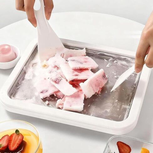 Rolled Ice Cream Maker Kit for Home, Stainless Steel Instant Freeze Plate with 2 Scrapers & Tray, DIY Ice Cream Roll Pan, Fun Ice Cream Maker for Kids, Family, Parties and Summer Desserts (White) in Saudi Arabia