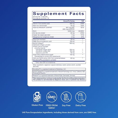 مغلفات نقية للشعر/البشرة/الأظافر فائقة - مكمل للكولاجين ومكافحة الشيخوخة والكيراتين ومضادات الأكسدة وترطيب البشرة والشعر والأظافر* - مع البيوتين وفيتامين ج والمزيد - 60 كبسولة in Kuwait