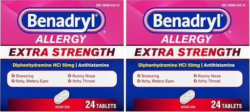 Benadryl Extra Strength Antihistamine Allergy Relief Medicine, 50 mg Diphenhydramine HCl Tablets for Relief of Allergy Symptoms Due to Hay Fever or Other Upper Respiratory Allergies, 24 ct in Kuwait