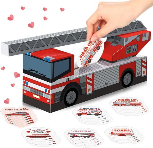 Skylety Valentines Day Box Mailbox with 30 Fire Rescue Vehicle Cards Valentines Crafts for Valentine Party Favor, Valentine's Day Mailbox Set for School Classroom Gifts Exchange Party Favors in Saudi Arabia