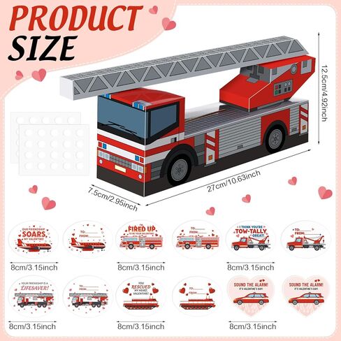 Skylety Valentines Day Box Mailbox with 30 Fire Rescue Vehicle Cards Valentines Crafts for Valentine Party Favor, Valentine's Day Mailbox Set for School Classroom Gifts Exchange Party Favors in Saudi Arabia
