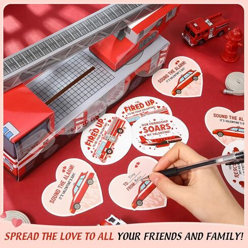 Skylety Valentines Day Box Mailbox with 30 Fire Rescue Vehicle Cards Valentines Crafts for Valentine Party Favor, Valentine's Day Mailbox Set for School Classroom Gifts Exchange Party Favors in Saudi Arabia