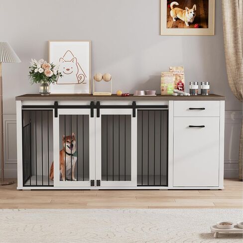 Large Dog Crate Furniture Large Breed,71 Inch Wooden Dog Crate with Tilt Out Trash Cabinet,Drawers,Divider and Sliding Barn Door, Double Doors Dogs Crate for 2 Dogs (White) in Saudi Arabia