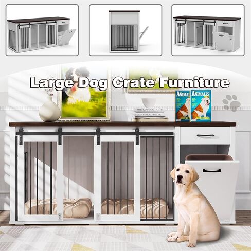 Large Dog Crate Furniture Large Breed,71 Inch Wooden Dog Crate with Tilt Out Trash Cabinet,Drawers,Divider and Sliding Barn Door, Double Doors Dogs Crate for 2 Dogs (White) in Saudi Arabia