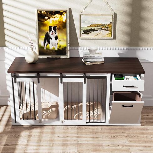 Large Dog Crate Furniture Large Breed,71 Inch Wooden Dog Crate with Tilt Out Trash Cabinet,Drawers,Divider and Sliding Barn Door, Double Doors Dogs Crate for 2 Dogs (White) in Saudi Arabia
