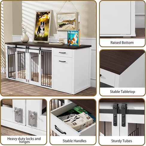Large Dog Crate Furniture Large Breed,71 Inch Wooden Dog Crate with Tilt Out Trash Cabinet,Drawers,Divider and Sliding Barn Door, Double Doors Dogs Crate for 2 Dogs (White) in Saudi Arabia