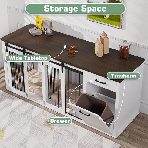 Large Dog Crate Furniture Large Breed,71 Inch Wooden Dog Crate with Tilt Out Trash Cabinet,Drawers,Divider and Sliding Barn Door, Double Doors Dogs Crate for 2 Dogs (White) in Saudi Arabia