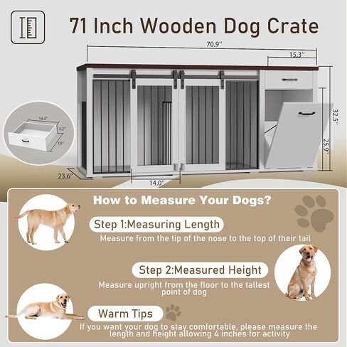 Large Dog Crate Furniture Large Breed,71 Inch Wooden Dog Crate with Tilt Out Trash Cabinet,Drawers,Divider and Sliding Barn Door, Double Doors Dogs Crate for 2 Dogs (White) in Saudi Arabia