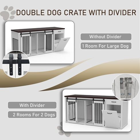 Large Dog Crate Furniture Large Breed,71 Inch Wooden Dog Crate with Tilt Out Trash Cabinet,Drawers,Divider and Sliding Barn Door, Double Doors Dogs Crate for 2 Dogs (White) in Saudi Arabia