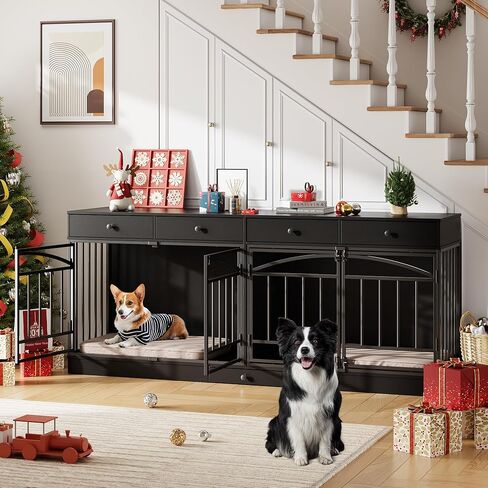 أثاث قفص للكلاب من GarveeHome لكلبين، بيت للكلاب داخلي مع 4 أدراج تخزين وأوعية تغذية، حامل تلفزيون مزدوج للكلاب المتوسطة الصغيرة، أسود in Kuwait