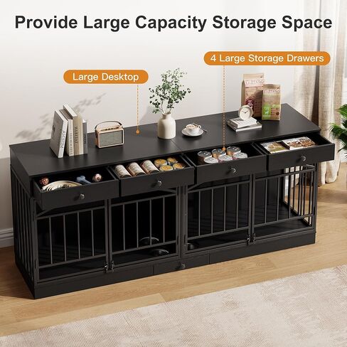 أثاث قفص للكلاب من GarveeHome لكلبين، بيت للكلاب داخلي مع 4 أدراج تخزين وأوعية تغذية، حامل تلفزيون مزدوج للكلاب المتوسطة الصغيرة، أسود in Kuwait