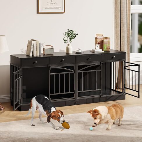 أثاث قفص للكلاب من GarveeHome لكلبين، بيت للكلاب داخلي مع 4 أدراج تخزين وأوعية تغذية، حامل تلفزيون مزدوج للكلاب المتوسطة الصغيرة، أسود in Kuwait