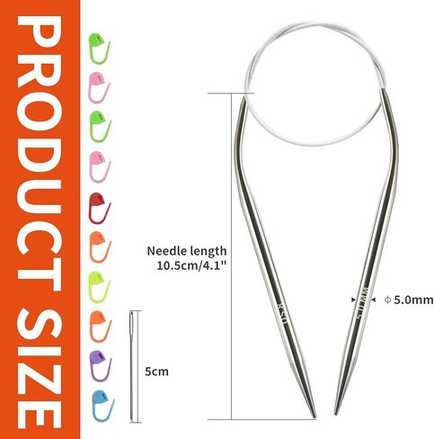 5.0MM/US8 40cm/16-inch Circular Knitting Needles Ergonomic Design with Tangle-Free Steel Cable and Smooth Seams Ideal for Hats, Socks, and Sleeves in Kuwait