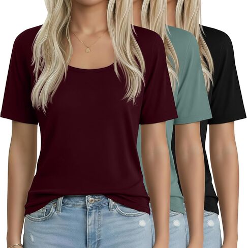 Neer 3 Pack Women's Scoop Neck Sleeve Tops Lourd Lourd Fit Basic Thrats Tirts Lounge Lounge Tees Summer in Saudi Arabia