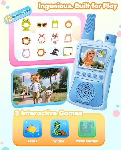 أجهزة اتصال لاسلكية للفيديو للأطفال، عبوتان مع كاميرا 180 درجة وألعاب وشاشة عالية الدقة، أجهزة اتصال لاسلكية طويلة المدى قابلة لإعادة الشحن، ألعاب داخلية وخارجية للأطفال الصغار، هدايا عيد ميلاد للفتيات والأولاد من سن 3 إلى 12 عامًا in Kuwait