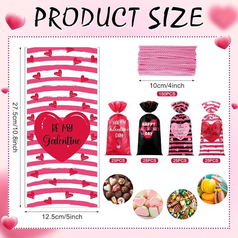 Marspark 100 جهاز كمبيوتر شخصى أكياس هدية عيد جالنتين سعيد 10.8 × 5 بوصة Galentines Goodie Candy Heart Cellophanetreat أكياس هدايا الحفلات عيد ميلاد عيد الحب لوازم الحفلات زينة للنساء in Kuwait