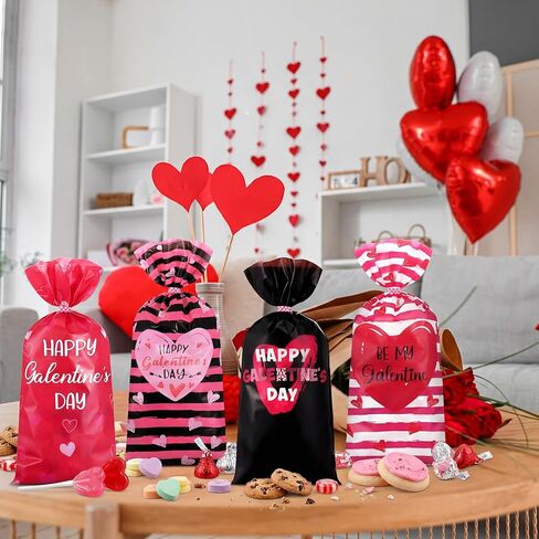 Marspark 100 جهاز كمبيوتر شخصى أكياس هدية عيد جالنتين سعيد 10.8 × 5 بوصة Galentines Goodie Candy Heart Cellophanetreat أكياس هدايا الحفلات عيد ميلاد عيد الحب لوازم الحفلات زينة للنساء in Kuwait