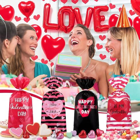 Marspark 100 جهاز كمبيوتر شخصى أكياس هدية عيد جالنتين سعيد 10.8 × 5 بوصة Galentines Goodie Candy Heart Cellophanetreat أكياس هدايا الحفلات عيد ميلاد عيد الحب لوازم الحفلات زينة للنساء in Kuwait