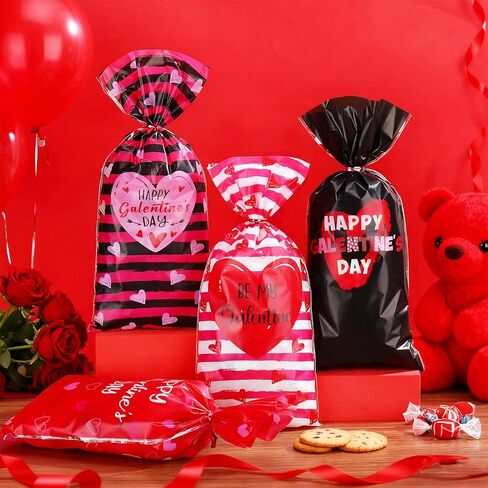 Marspark 100 جهاز كمبيوتر شخصى أكياس هدية عيد جالنتين سعيد 10.8 × 5 بوصة Galentines Goodie Candy Heart Cellophanetreat أكياس هدايا الحفلات عيد ميلاد عيد الحب لوازم الحفلات زينة للنساء in Kuwait
