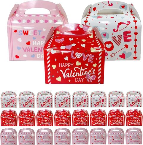 OURBAGIL 24 Pack Valentines Gift Boxes, Treat Boxes with Handle, Cookie Boxes with Heart Shaped Design for Valentine Candy Boxes Party Favor Boxes (Red) in Saudi Arabia