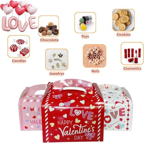 OURBAGIL 24 Pack Valentines Gift Boxes, Treat Boxes with Handle, Cookie Boxes with Heart Shaped Design for Valentine Candy Boxes Party Favor Boxes (Red) in Saudi Arabia
