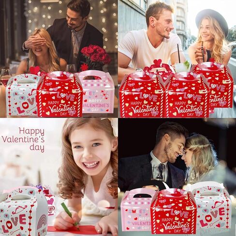OURBAGIL 24 Pack Valentines Gift Boxes, Treat Boxes with Handle, Cookie Boxes with Heart Shaped Design for Valentine Candy Boxes Party Favor Boxes (Red) in Saudi Arabia
