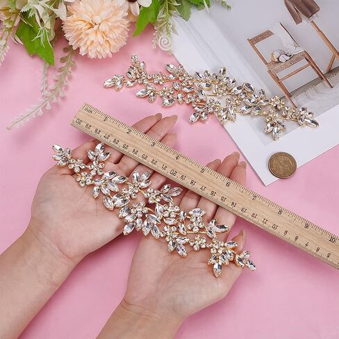 FINGERINSPIRE 2Pcs Crystal Rhinestone Applique 8.66x2.56inch Flower Crystal Patches Golden Alloy Rhinestone Sash Applique Bling Beaded Sash Patch Sparkly Sewing Floral Appliques for Dress Clothes DIY in Saudi Arabia