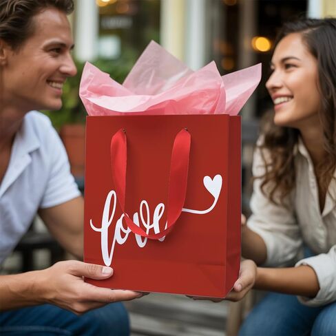 حقيبة هدايا كبيرة لعيد الحب مقاس 13 بوصة من TOTEUSVIA مع مقبض مناديل ورقية وبطاقة تهنئة لها (الحب) in Saudi Arabia
