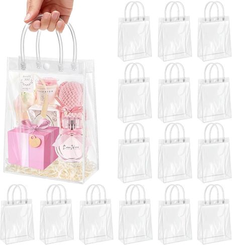 Okxiri 15 PCS Clear PVC Gift Bags with Handles,Small Reusable Plastic Party Favor Bags, Transparent Goodie Bags for Wedding,Baby Shower, Birthday (6.1" x 6.1" x 2.7") in Saudi Arabia