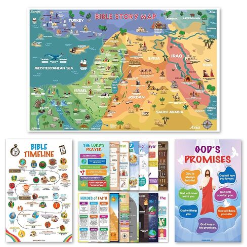Bible Educational Wall Posters Set, 16 Religious Posters 11x17 inches with 1 Large Story Map 22x34 inches, Christian Religious Poster for Sunday School Church Decoration Flat Packaging in Saudi Arabia