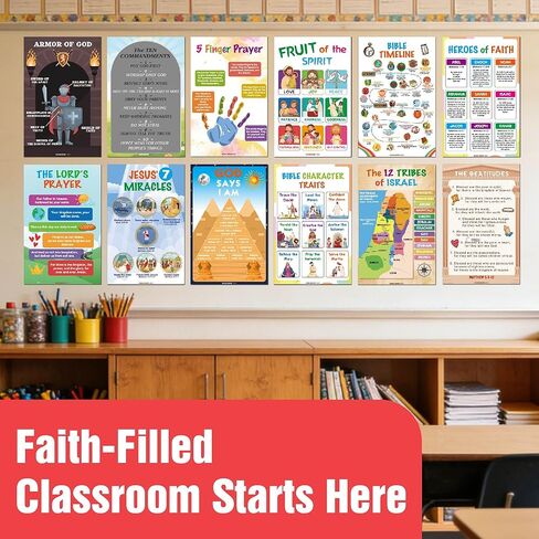 Bible Educational Wall Posters Set, 16 Religious Posters 11x17 inches with 1 Large Story Map 22x34 inches, Christian Religious Poster for Sunday School Church Decoration Flat Packaging in Saudi Arabia