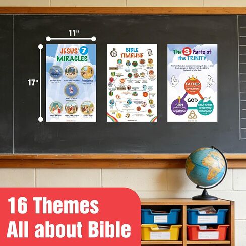 Bible Educational Wall Posters Set, 16 Religious Posters 11x17 inches with 1 Large Story Map 22x34 inches, Christian Religious Poster for Sunday School Church Decoration Flat Packaging in Saudi Arabia