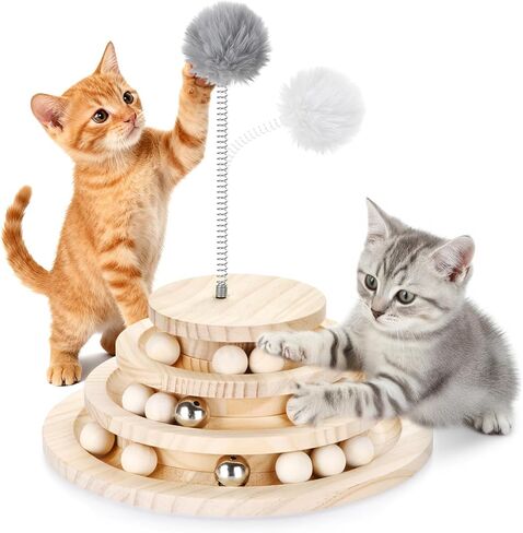 Cat Ball Track Toy, Double-Layer Tower cat Toy Roller, Interactive Wooden cat Toy - no Card Ball, Anti Slip, no Assembly Required, Ideal Choice for Physical and Mental Exercise of Kittens in Saudi Arabia