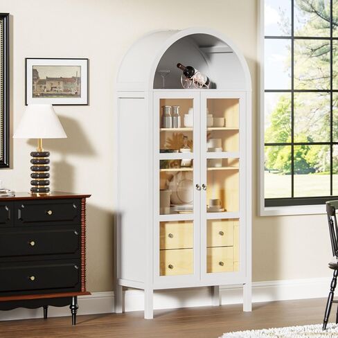 Modern Arched Cabinet with Auto Sensor Light and Glass Doors, 72" Tall Farmhouse Storage with Grain, Perfect for Living Room, Display Your Favorite Books, and Art Collections, White in Saudi Arabia