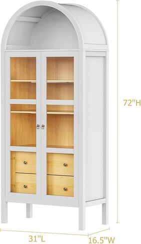 Modern Arched Cabinet with Auto Sensor Light and Glass Doors, 72" Tall Farmhouse Storage with Grain, Perfect for Living Room, Display Your Favorite Books, and Art Collections, White in Saudi Arabia