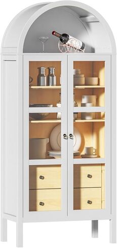 Modern Arched Cabinet with Auto Sensor Light and Glass Doors, 72" Tall Farmhouse Storage with Grain, Perfect for Living Room, Display Your Favorite Books, and Art Collections, White in Saudi Arabia