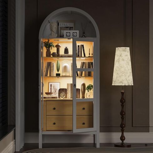 Modern Arched Cabinet with Auto Sensor Light and Glass Doors, 72" Tall Farmhouse Storage with Grain, Perfect for Living Room, Display Your Favorite Books, and Art Collections, White in Saudi Arabia