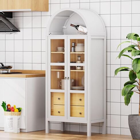 Modern Arched Cabinet with Auto Sensor Light and Glass Doors, 72" Tall Farmhouse Storage with Grain, Perfect for Living Room, Display Your Favorite Books, and Art Collections, White in Saudi Arabia
